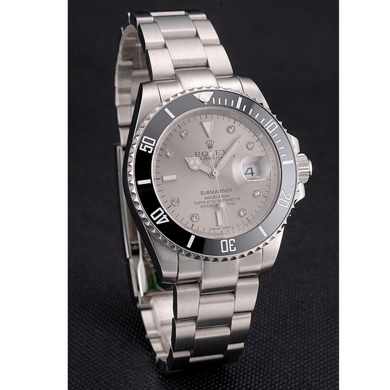 Aaa replica watch Stainless Diamond Swiss Silver Bezel Case Steel Rolex Markings Bracelet Submariner Black And Dial 0817